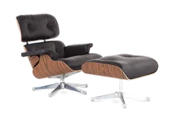Eames Style Lounge Chair & Ottoman - Brown Leather, Rosewood Veneer & Chrome Base