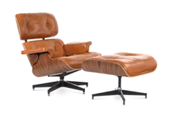 Eames Style Lounge Chair & Ottoman - Tan Brown Leather & Rosewood Veneer