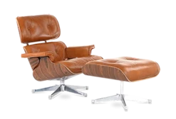 Eames Style Lounge Chair & Ottoman - Tan Brown Leather, Rosewood Veneer & Chrome Base