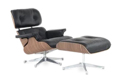 Eames Style Lounge Chair & Ottoman - Black Leather, Walnut Veneer & Chrome Base