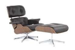 Eames Style Lounge Chair & Ottoman - Brown Leather, Walnut Veneer & Chrome Base