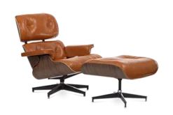 Eames Style Lounge Chair & Ottoman - Tan Brown Leather & Walnut Veneer