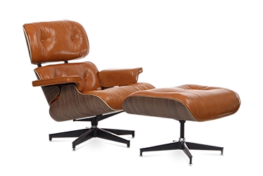 Eames Style Lounge Chair & Ottoman - Tan Brown Leather & Walnut Veneer