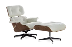 Eames Style Lounge Chair & Ottoman - White Leather & Walnut Veneer