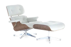Eames Style Lounge Chair & Ottoman - White Leather, Walnut Veneer & Chrome Base