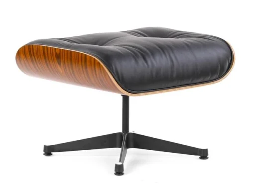 Designer Lounge Chair Ottoman Only - Black Leather,Rosewood Veneer & Silver Base