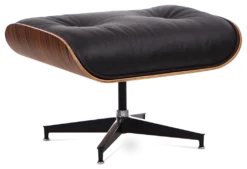 Designer Lounge Chair Ottoman Only - Black Leather,Walnut Veneer & Silver Base