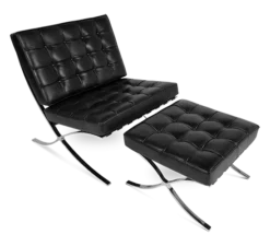 Van Der Rohe Style Barcelona Chair & Ottoman - Black Leather