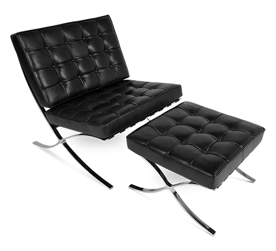 Van Der Rohe Style Barcelona Chair & Ottoman - Black Leather