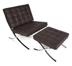 Van Der Rohe Style Barcelona Chair & Ottoman - Dark Brown Leather