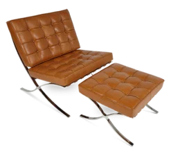 Van Der Rohe Style Barcelona Chair & Ottoman - Tan Brown Leather