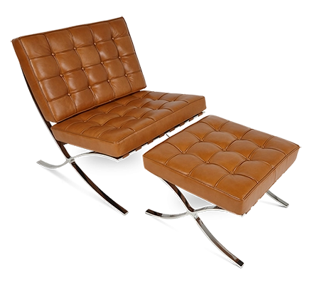 Van Der Rohe Style Barcelona Chair & Ottoman - Tan Brown Leather