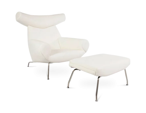 Wegner Style Ox Chair & Ottoman - White Leather